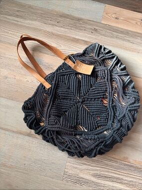 Star Mela Black Macramé Tote with Tan Straps and Tag